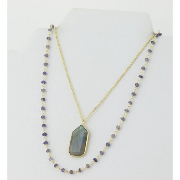 Gold Over Sterling Silver Long Labradorite Layered Necklace 30" - Picture 9 of 9